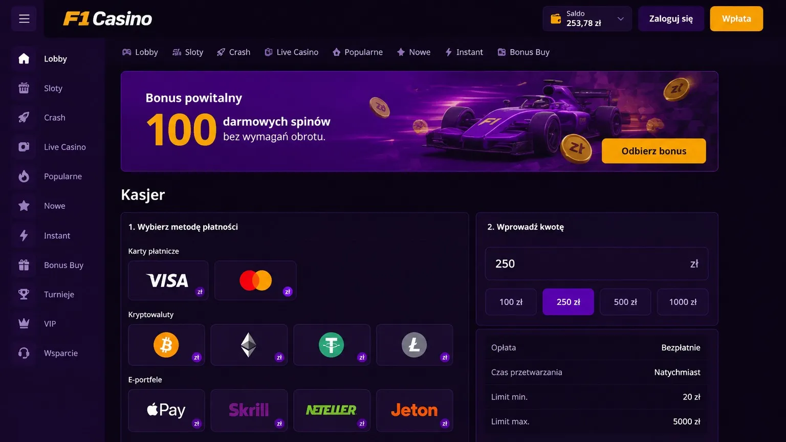 F1 Casino kod promocyjny bez depozytu – bonus bez wpłaty